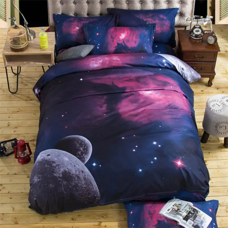 Galaxy-themed bedding set featuring a 3D print duvet cover and bed sheets.