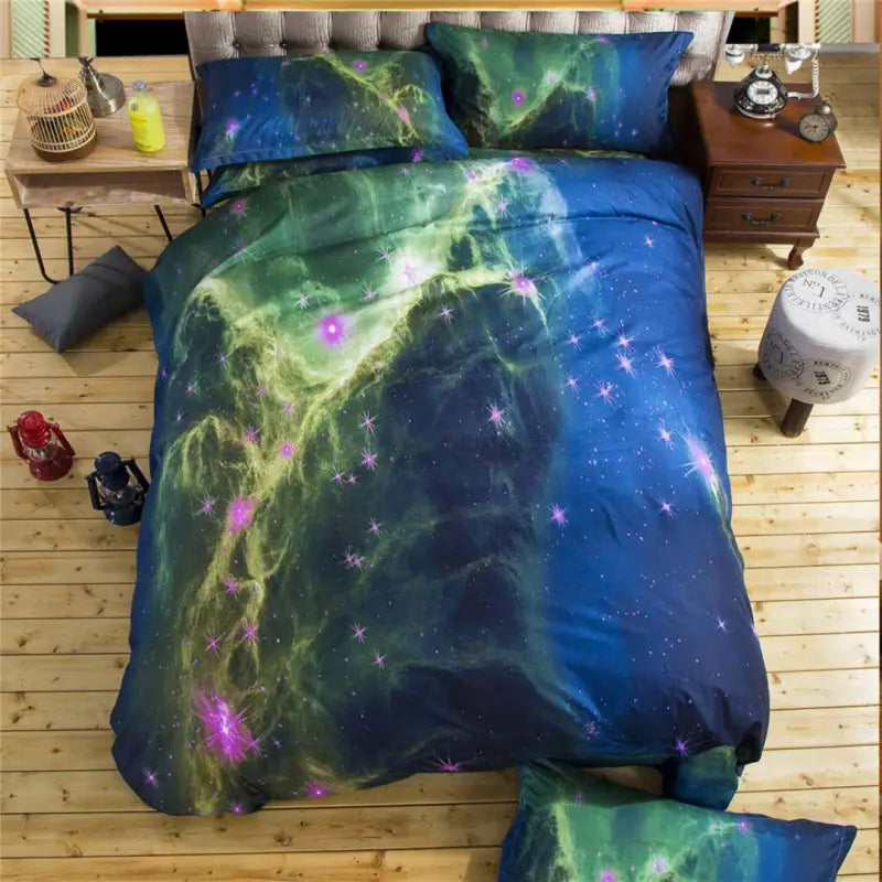 Galaxy-themed 3D Print Bed Sheets Set Duvet Quilt Cover for a celestial bedroom decor.
