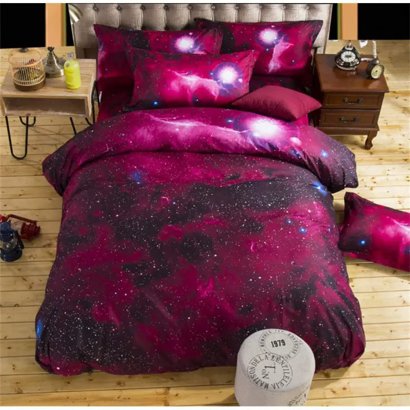 Galaxy-themed 3D Print Bed Sheets Set Duvet Quilt Cover 4 Piece Bedding Collection.