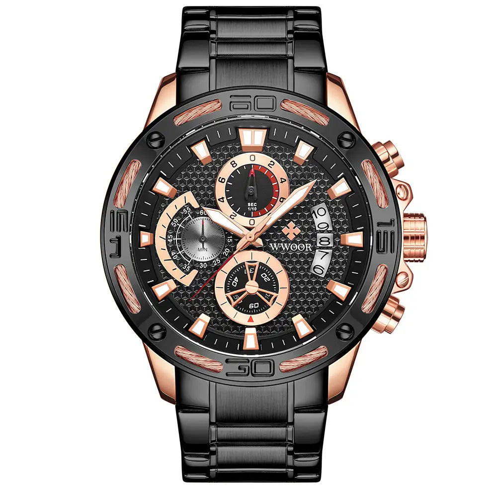 WWOOR Fashion Mens Watches Top Brand Luxury Gold Full Steel Quartz Watch Men Waterproof Sport Chronograph Relogio