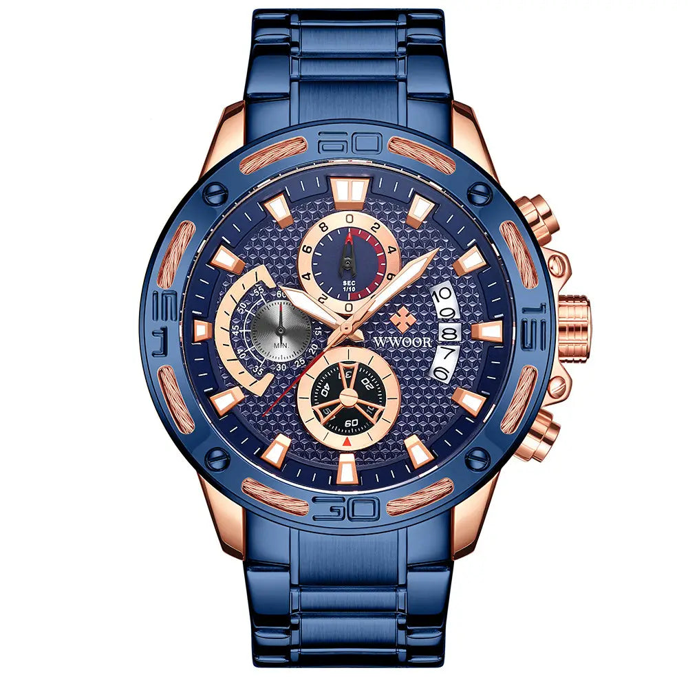 WWOOR Fashion Mens Watches Top Brand Luxury Gold Full Steel Quartz Watch Men Waterproof Sport Chronograph Relogio