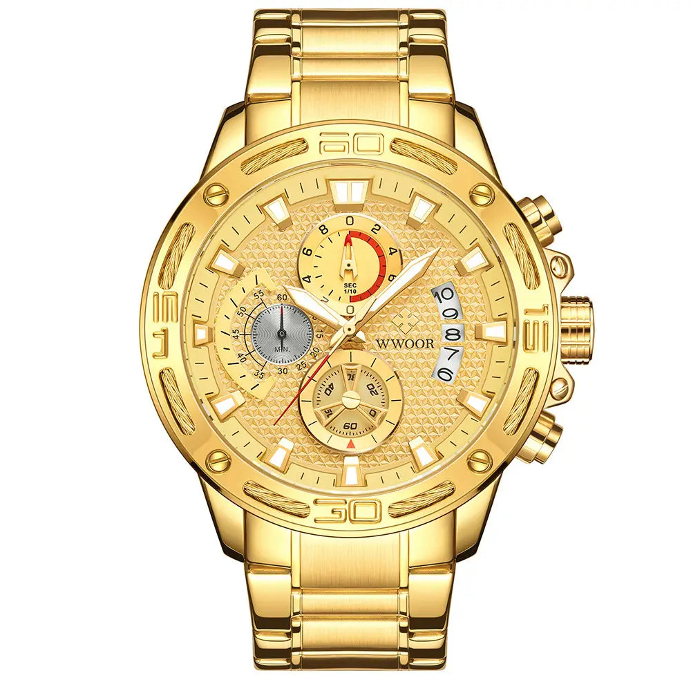 WWOOR Fashion Mens Watches Top Brand Luxury Gold Full Steel Quartz Watch Men Waterproof Sport Chronograph Relogio
