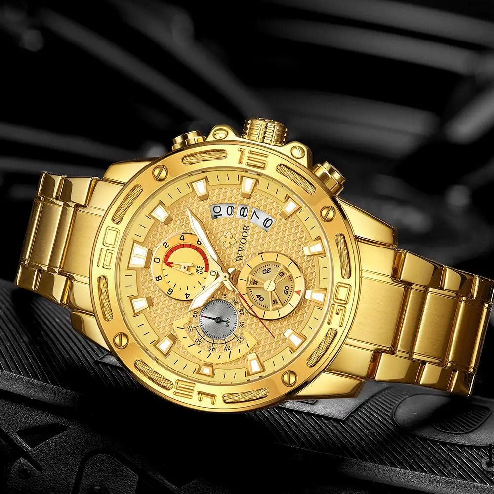 WWOOR Fashion Mens Watches Top Brand Luxury Gold Full Steel Quartz Watch Men Waterproof Sport Chronograph Relogio
