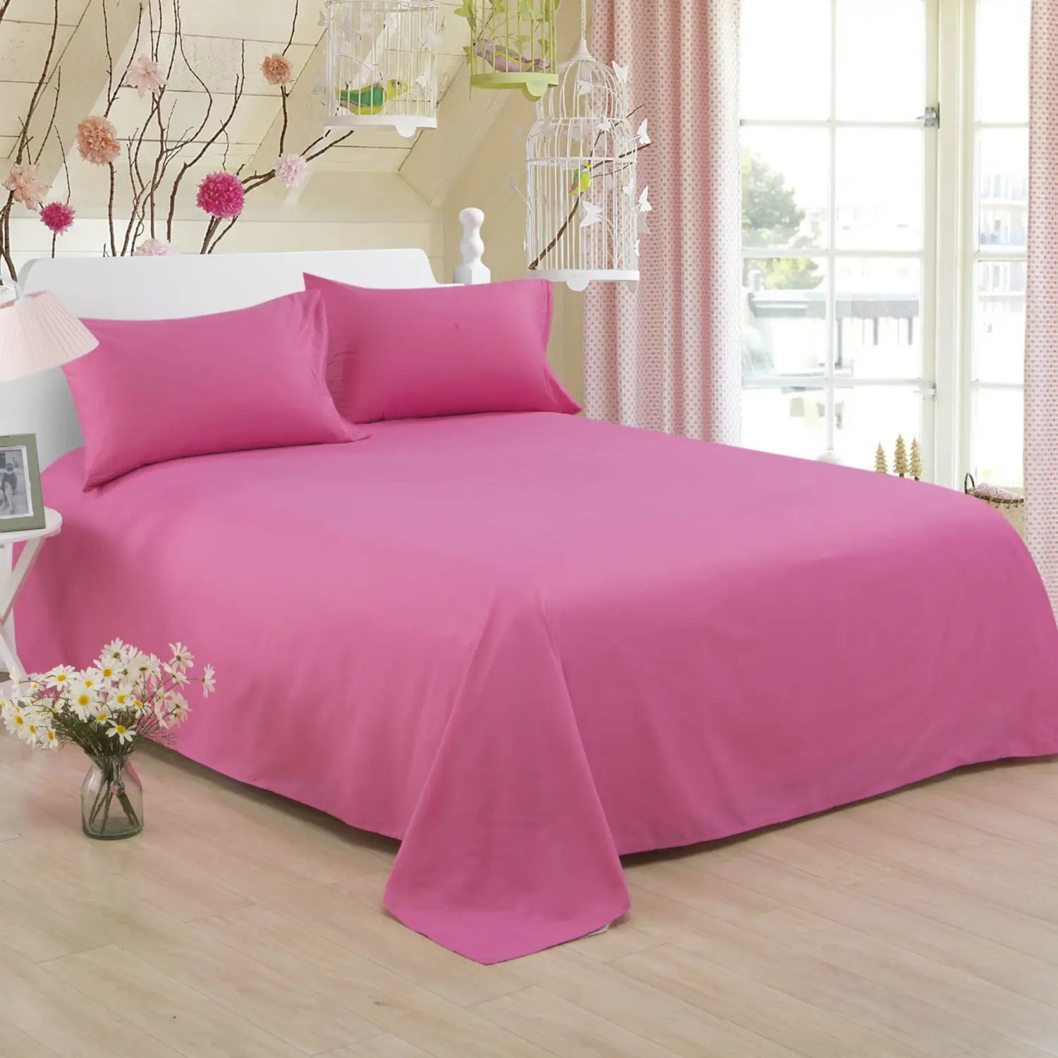 Pink bedsheet set from Pure Color Polyester Cotton Extra Bed Sheets for hotel and home use