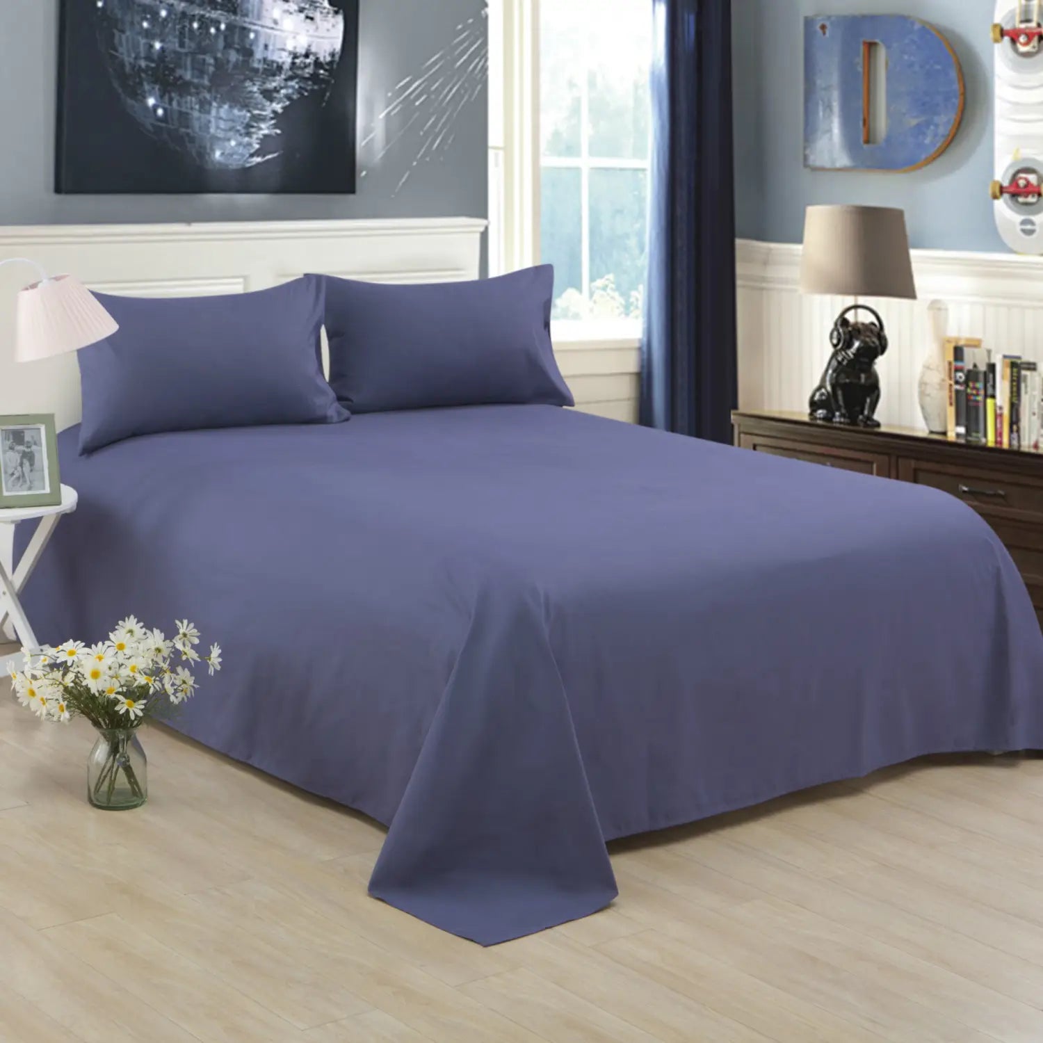 Blue bedsheet set from Pure Color Polyester Cotton for hotel and home use.