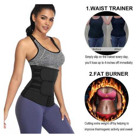 Woman modeling The Sports Tuck Belts adjustable waist trainer with three row buckle design.