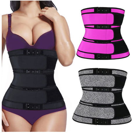 Waist trainer corsets featuring adjustable Sports Tuck Belts with three rows of buckles.
