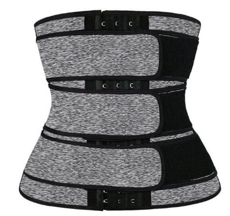 Gray and black waist trainer featuring adjustable buckle belts for optimal support.