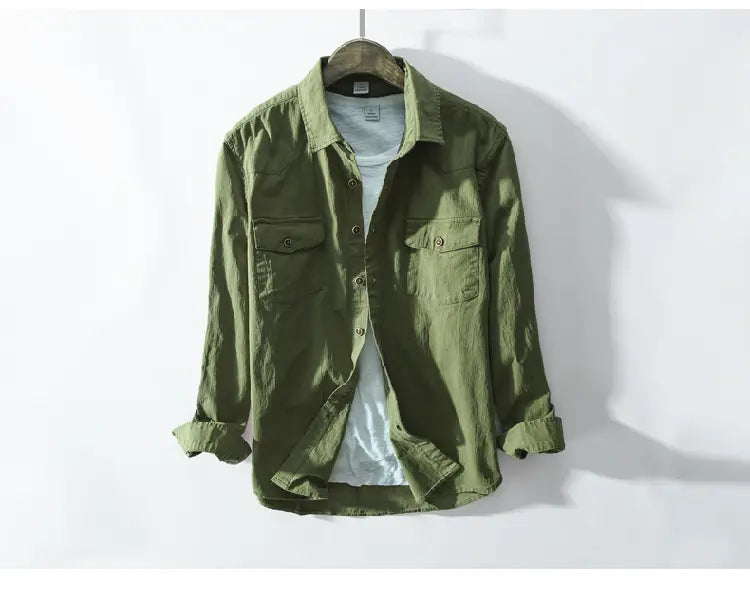 Pure Cotton Long-sleeved Shirt Korean Casual Slim Army Green Shirt Men