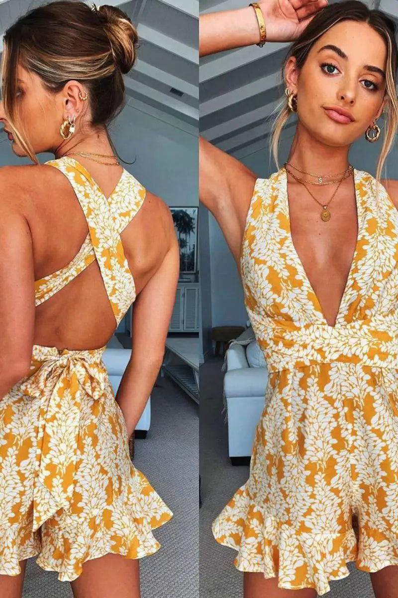 Open Back Dresses Women Short Jumpsuit Ladies Deep v Clothes