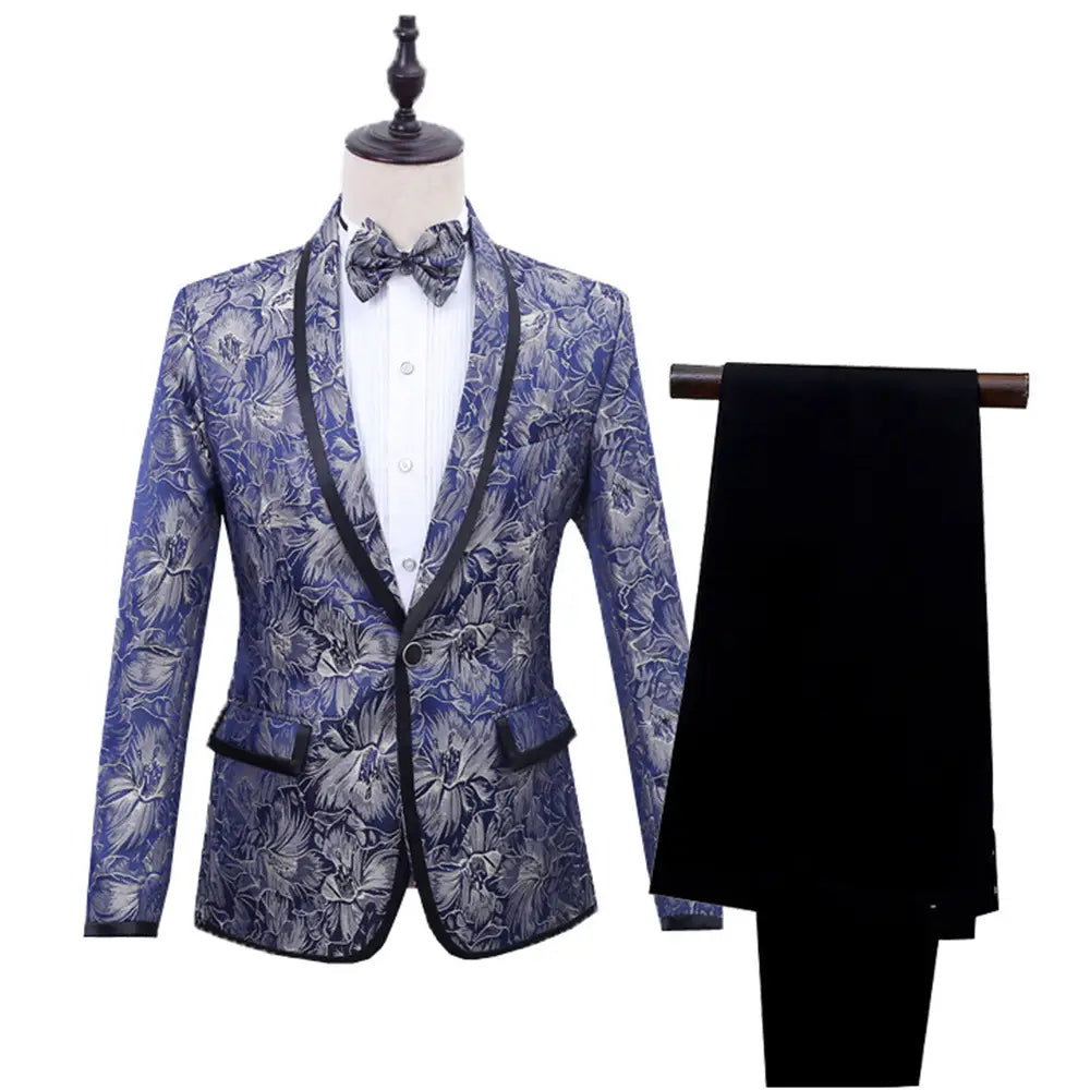 Best Man’’s Dress Blue Brocade Suit One Button Green Fruit Collar With Black Edge British Men’’s Two Piece Suit