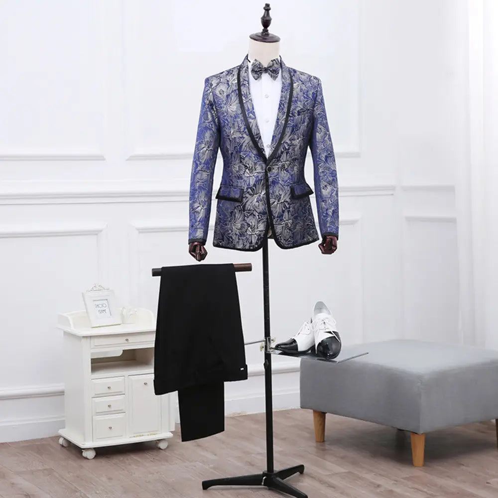 Best Man’’s Dress Blue Brocade Suit One Button Green Fruit Collar With Black Edge British Men’’s Two Piece Suit