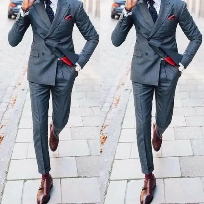 Dark Grey Men Suits Peaked Lapel Double Breasted Formal Business Suits for Man Costume Mariage Homme Wedding Suit 2