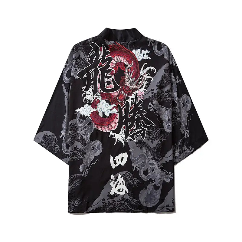 Bebovizix Dragon Print Yukata Men Women Fashion Cardigan Loose Blouse Haori Obi Asian Clothes Harajuku Japanese Cosplay