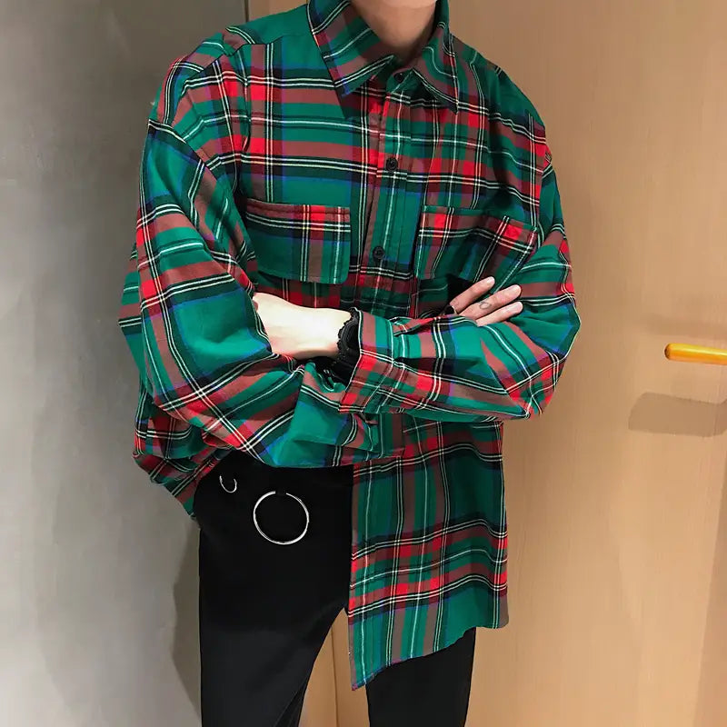 Spring Handsome Tooling Plaid Shirt Korean Version Of The Trend Ins Bottoming Shirt Men’s Loose Student Temperament
