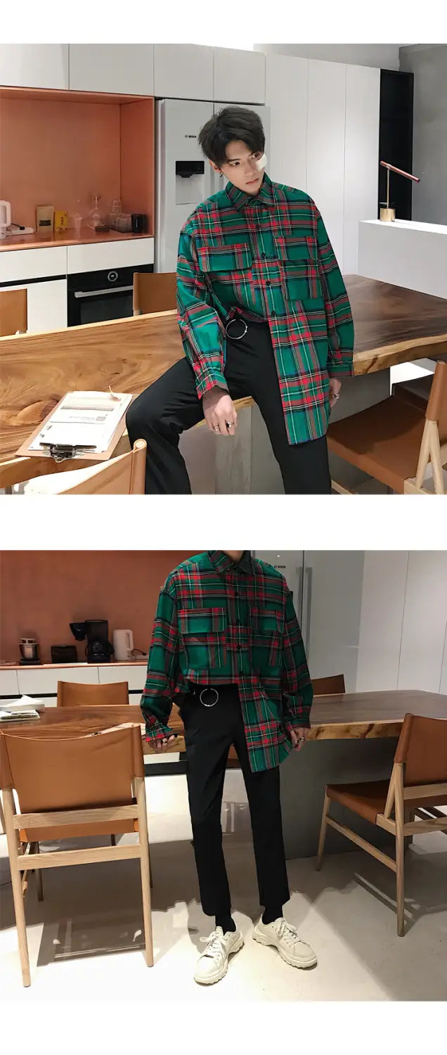Spring Handsome Tooling Plaid Shirt Korean Version Of The Trend Ins Bottoming Shirt Men’s Loose Student Temperament