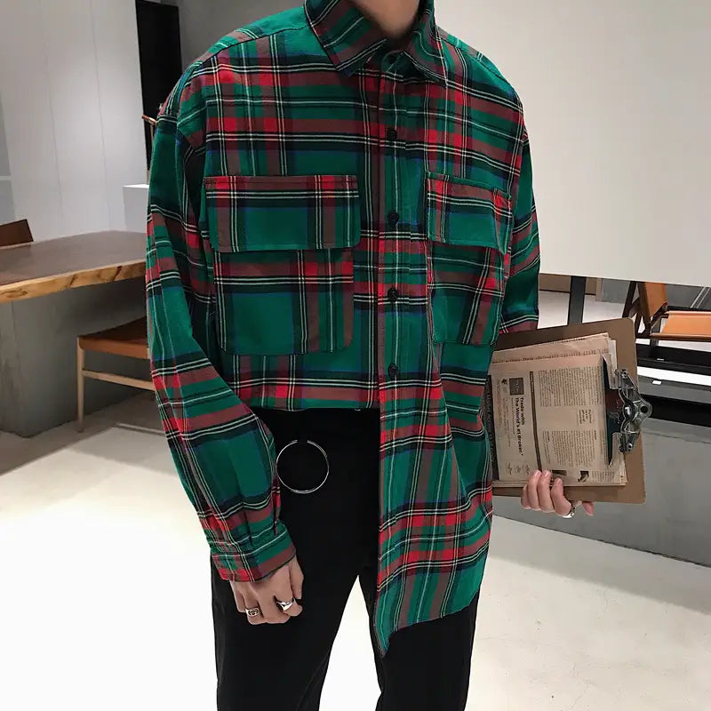 Spring Handsome Tooling Plaid Shirt Korean Version Of The Trend Ins Bottoming Shirt Men’s Loose Student Temperament