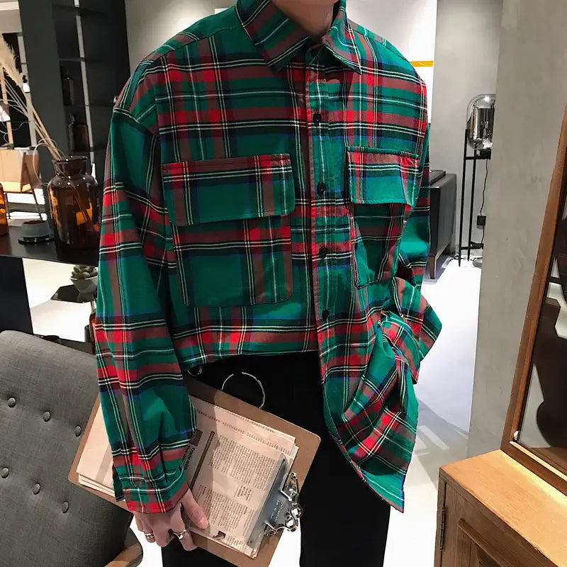 Spring Handsome Tooling Plaid Shirt Korean Version Of The Trend Ins Bottoming Shirt Men’s Loose Student Temperament