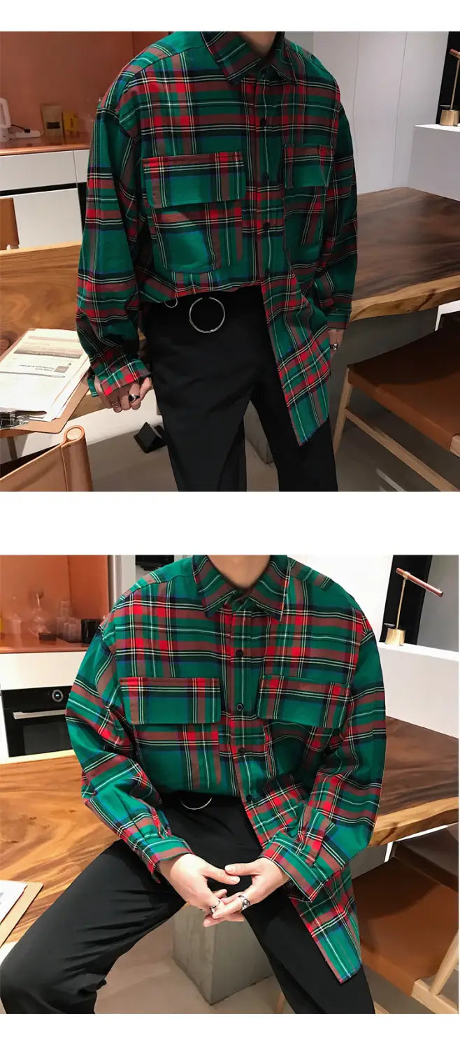 Spring Handsome Tooling Plaid Shirt Korean Version Of The Trend Ins Bottoming Shirt Men’s Loose Student Temperament