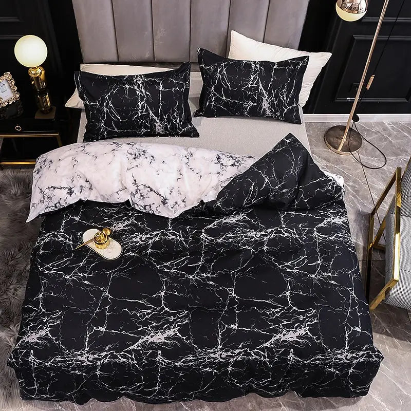 Black and white marble patterned bedding in Three-Piece Set Without Sheets.