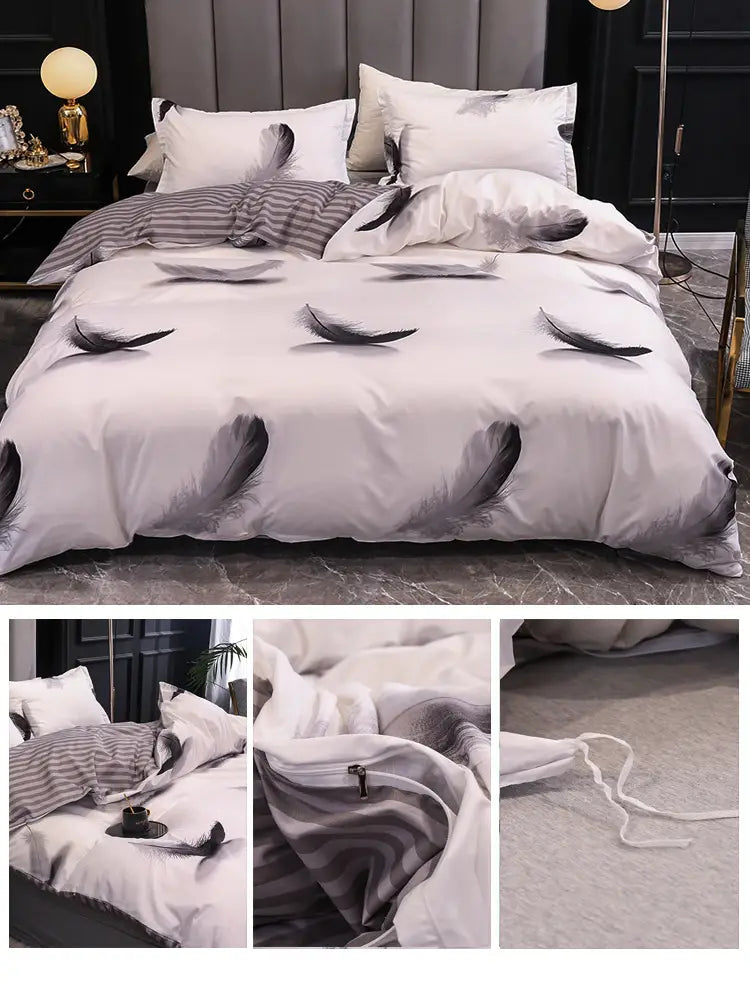 Feather-patterned bedding set displayed in a three-piece set without sheets.