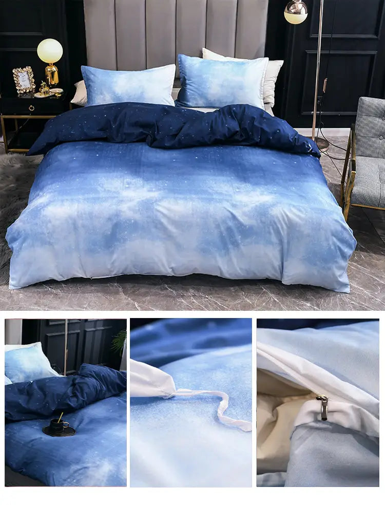 Blue and white patterned bedding set in a three-piece set without sheets.