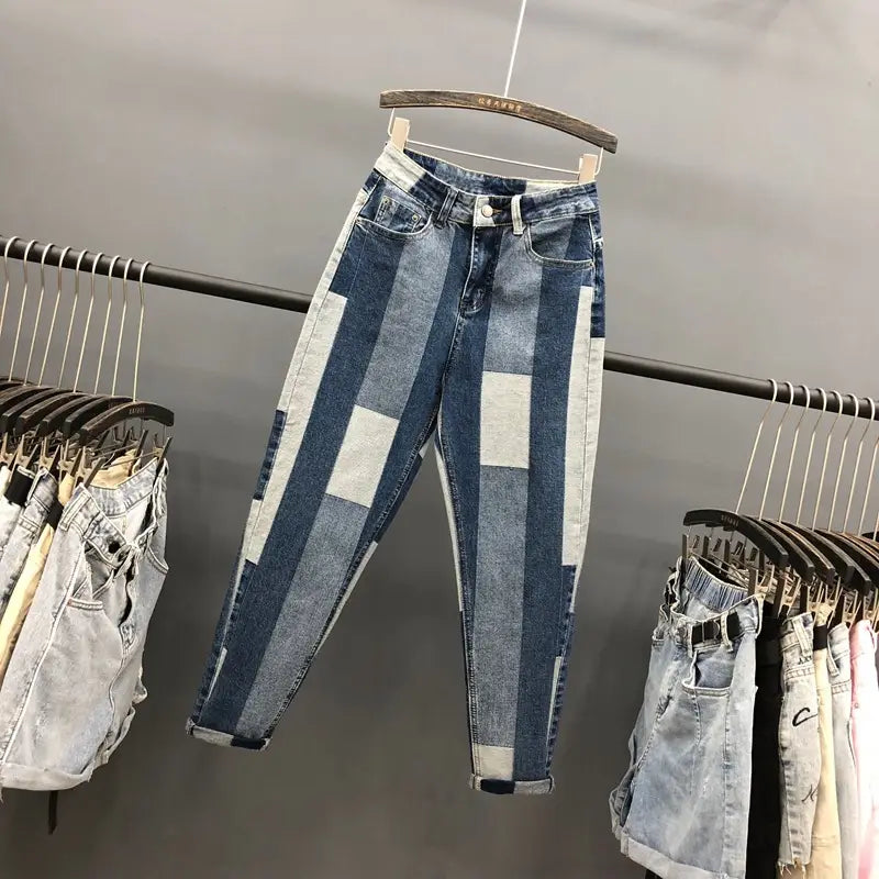 Contrasting Stitching Jeans Women Loose Spring New Ab Face Geometric Harem Pants Old Pants