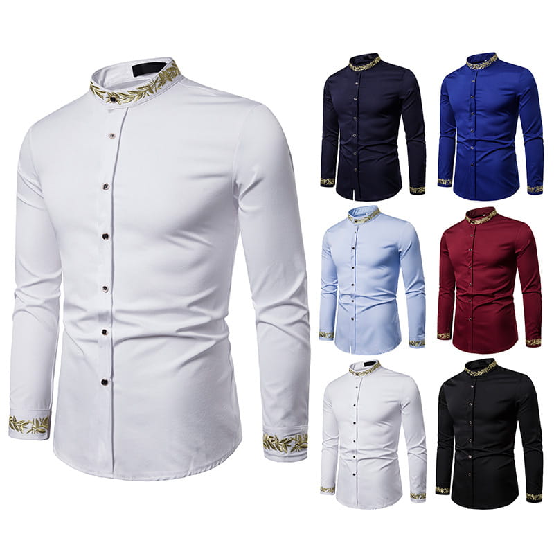 Gold Embroidery White Shirt Men Brand New Stand Collar Mens Dress Shirts Casual Slim Long Sleeve Chemise Homme Camisa