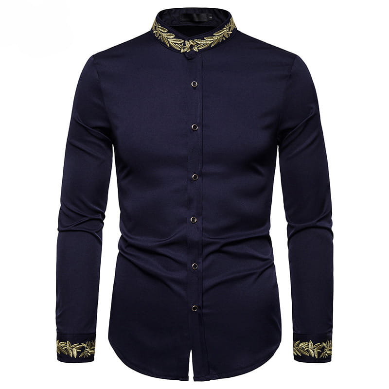 Gold Embroidery White Shirt Men Brand New Stand Collar Mens Dress Shirts Casual Slim Long Sleeve Chemise Homme Camisa