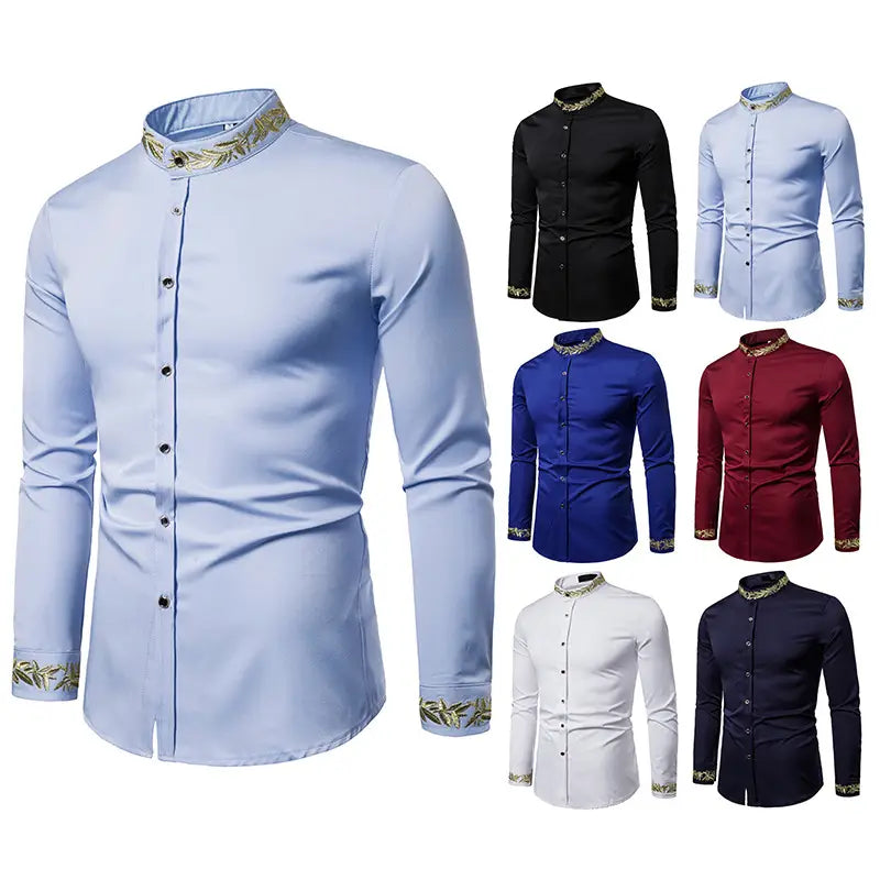 Gold Embroidery White Shirt Men Brand New Stand Collar Mens Dress Shirts Casual Slim Long Sleeve Chemise Homme Camisa