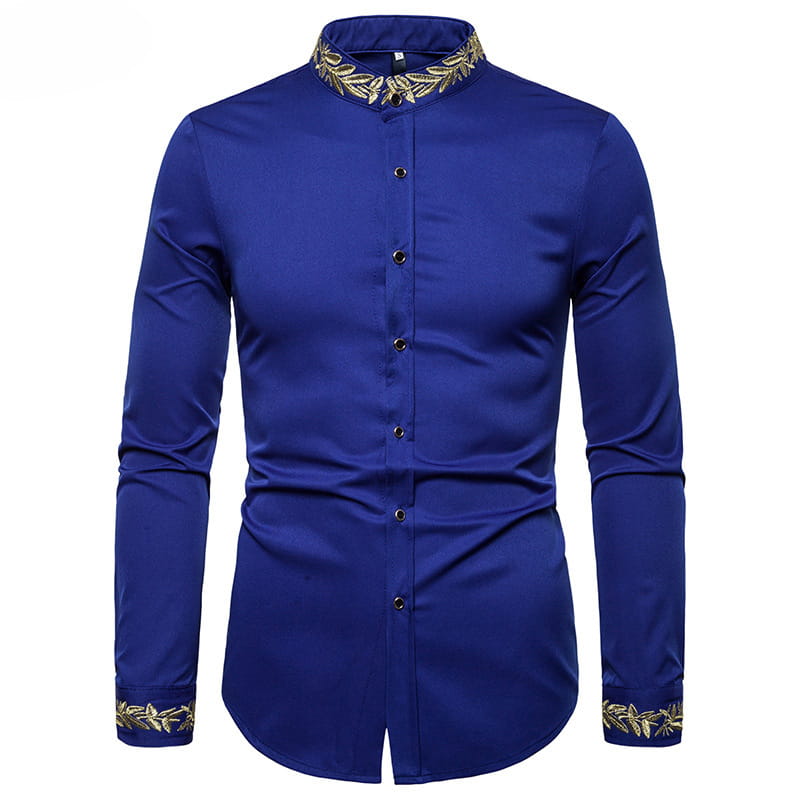 Gold Embroidery White Shirt Men Brand New Stand Collar Mens Dress Shirts Casual Slim Long Sleeve Chemise Homme Camisa