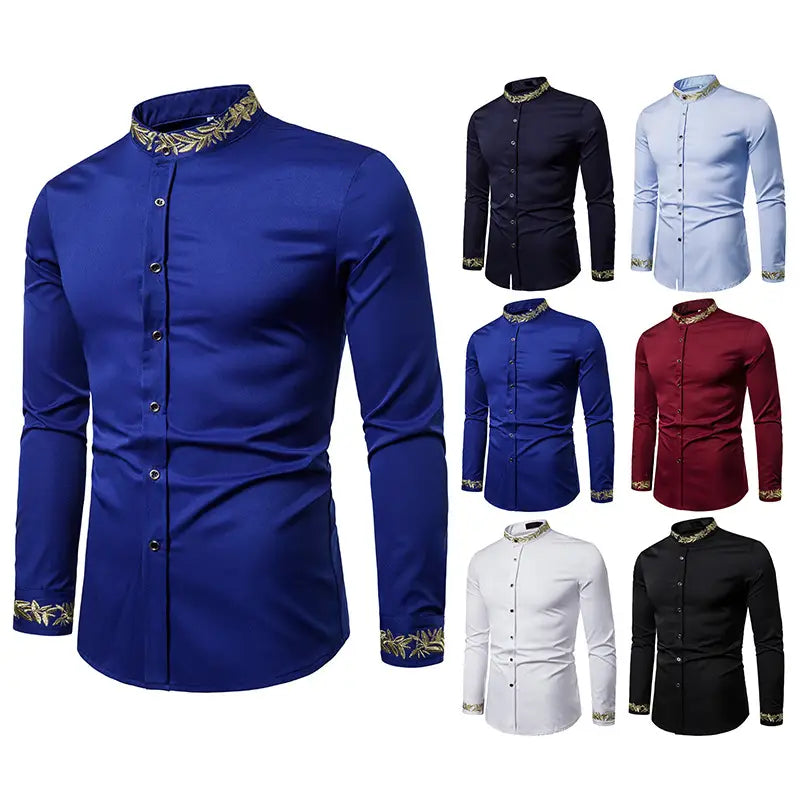 Gold Embroidery White Shirt Men Brand New Stand Collar Mens Dress Shirts Casual Slim Long Sleeve Chemise Homme Camisa