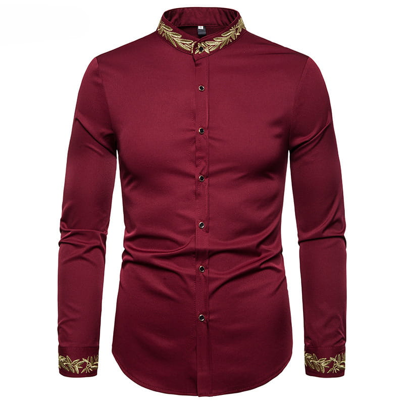 Gold Embroidery White Shirt Men Brand New Stand Collar Mens Dress Shirts Casual Slim Long Sleeve Chemise Homme Camisa