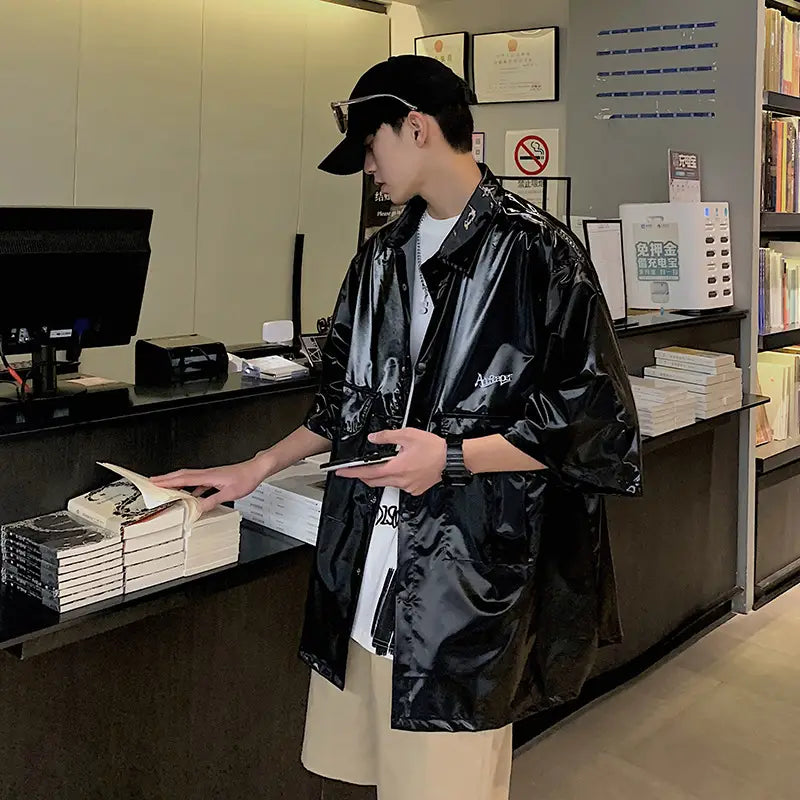 Summer Men’s Short Sleeve Shirt Hong Kong Style Loose Print Street Fashion Shiny Shirt Men