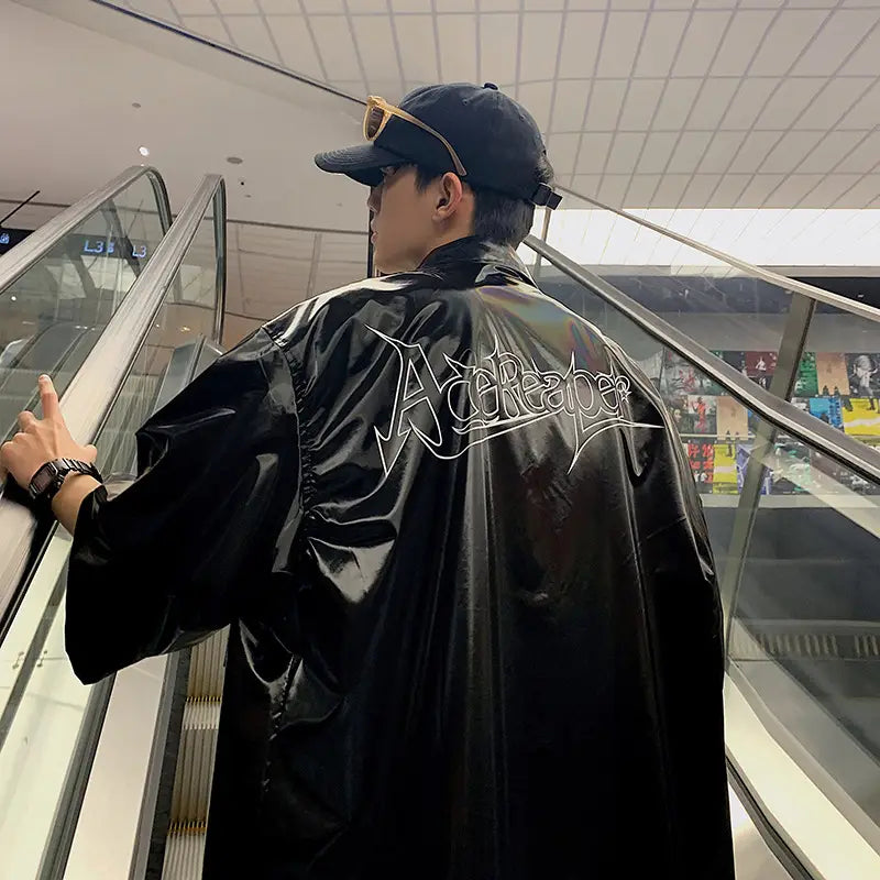 Summer Men’s Short Sleeve Shirt Hong Kong Style Loose Print Street Fashion Shiny Shirt Men