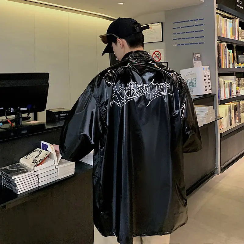 Summer Men’s Short Sleeve Shirt Hong Kong Style Loose Print Street Fashion Shiny Shirt Men