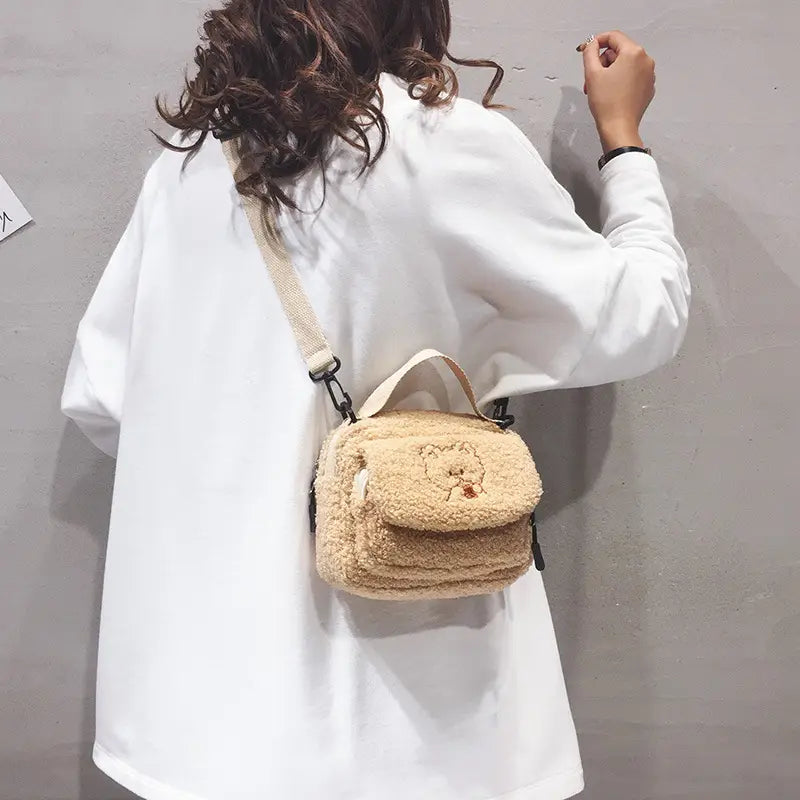 Women Mini Plush Shoulder Bag Female Small Canvas Cross Body Bags Ladies Embroidery Zipper Cloth Purse Mobile Phone Bag