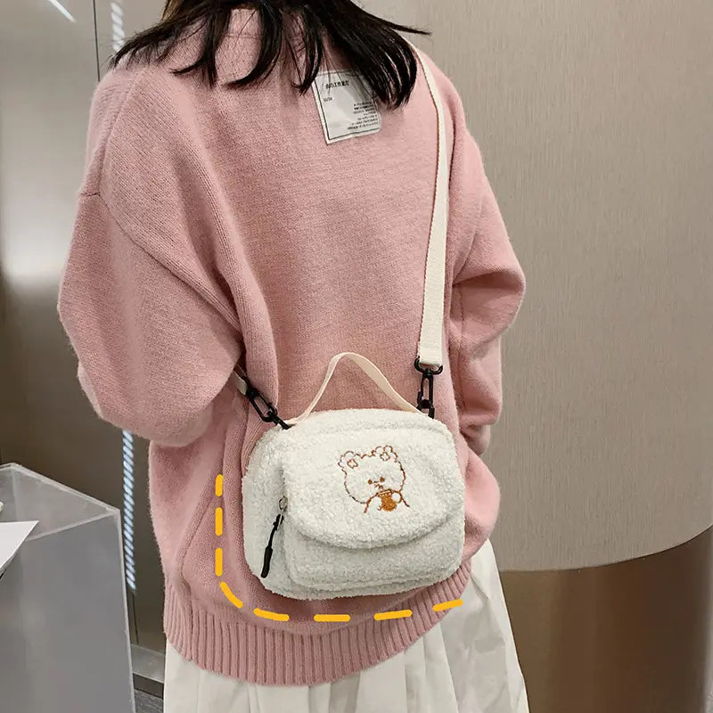 Women Mini Plush Shoulder Bag Female Small Canvas Cross Body Bags Ladies Embroidery Zipper Cloth Purse Mobile Phone Bag