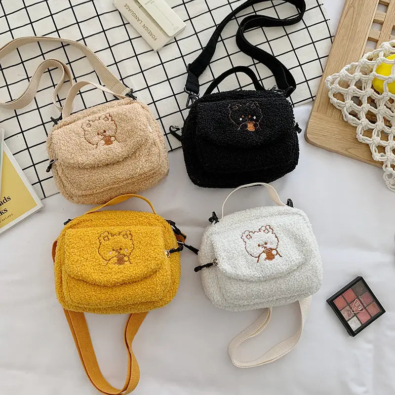 Women Mini Plush Shoulder Bag Female Small Canvas Cross Body Bags Ladies Embroidery Zipper Cloth Purse Mobile Phone Bag