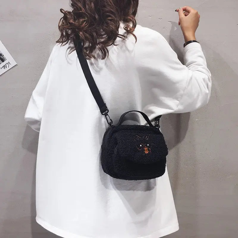 Women Mini Plush Shoulder Bag Female Small Canvas Cross Body Bags Ladies Embroidery Zipper Cloth Purse Mobile Phone Bag