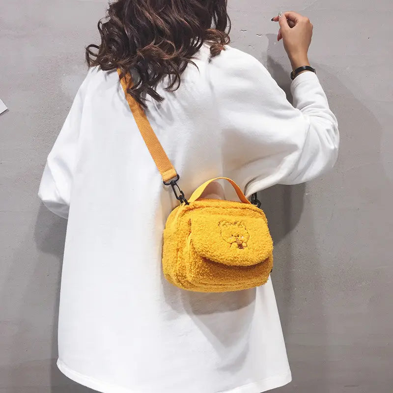 Women Mini Plush Shoulder Bag Female Small Canvas Cross Body Bags Ladies Embroidery Zipper Cloth Purse Mobile Phone Bag
