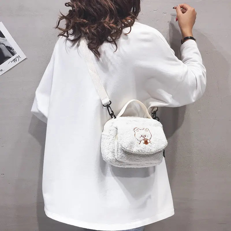 Women Mini Plush Shoulder Bag Female Small Canvas Cross Body Bags Ladies Embroidery Zipper Cloth Purse Mobile Phone Bag