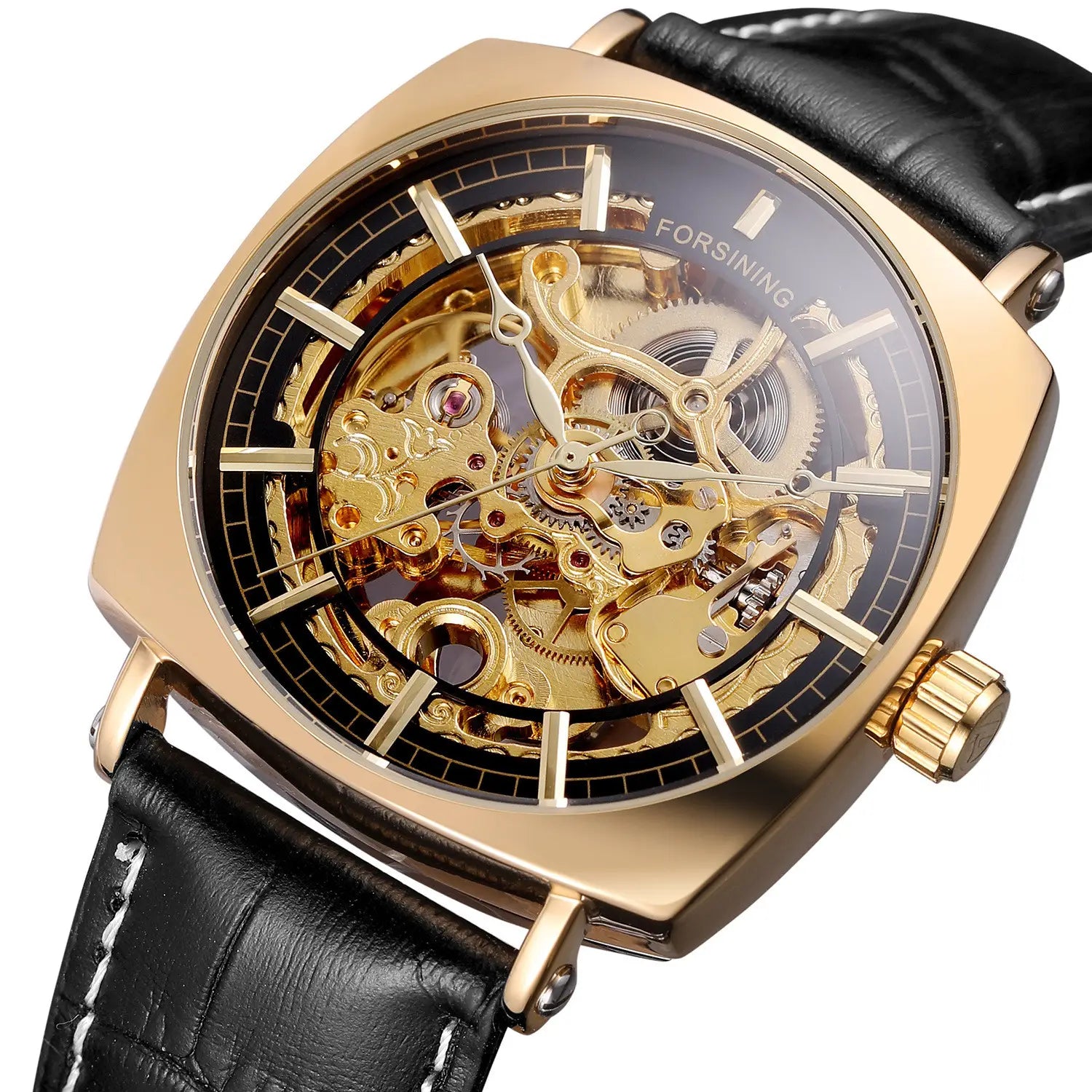 Forsining Black Genuine Leather Fashion Royal Luxury Gold Clock Transparent Skeleton Men Automatic Mechanical Watches