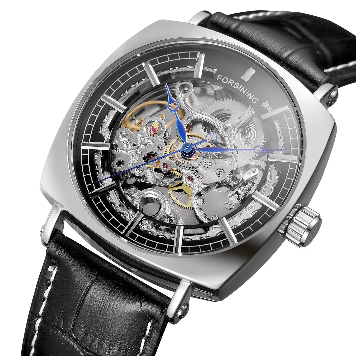 Forsining Black Genuine Leather Fashion Royal Luxury Gold Clock Transparent Skeleton Men Automatic Mechanical Watches