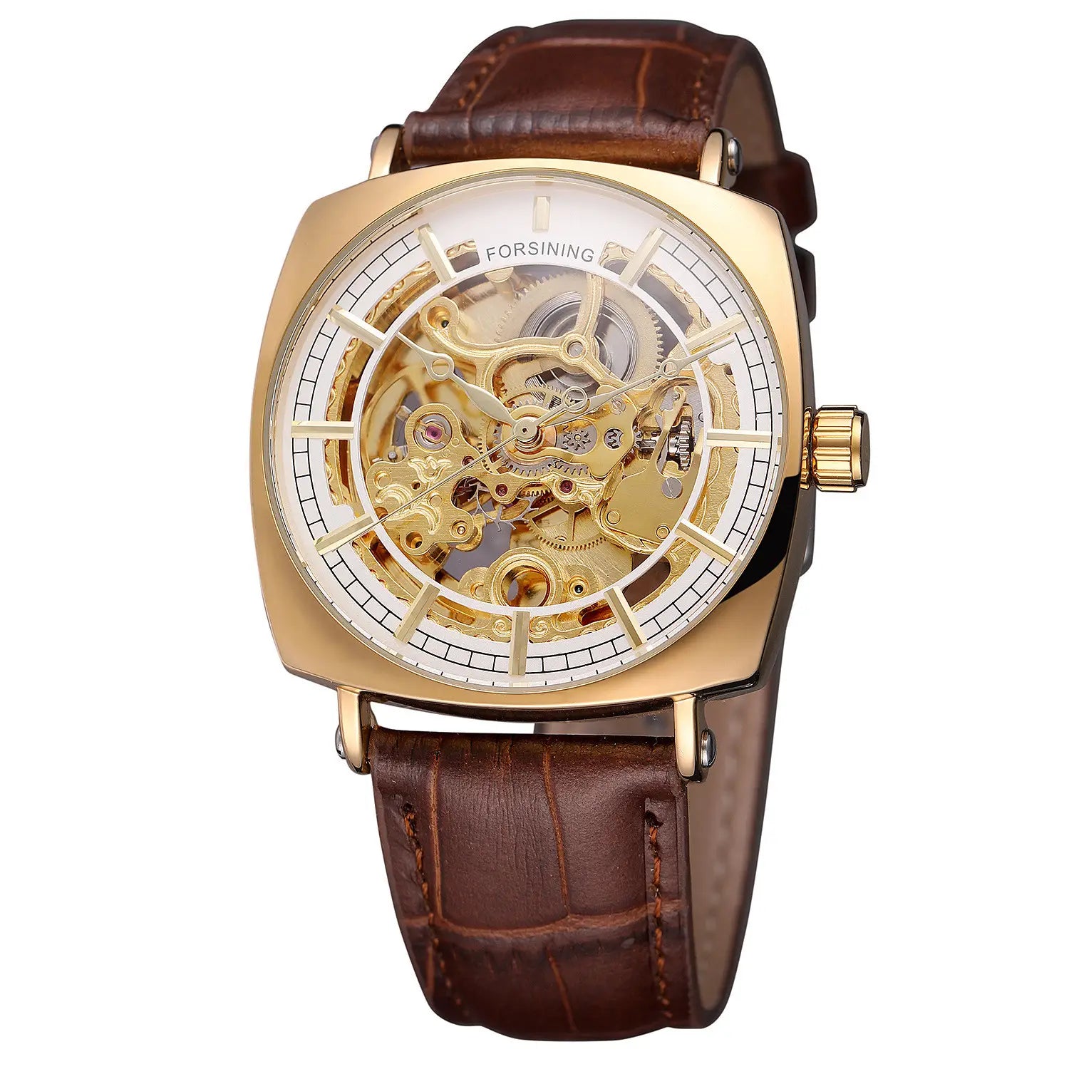 Forsining Black Genuine Leather Fashion Royal Luxury Gold Clock Transparent Skeleton Men Automatic Mechanical Watches