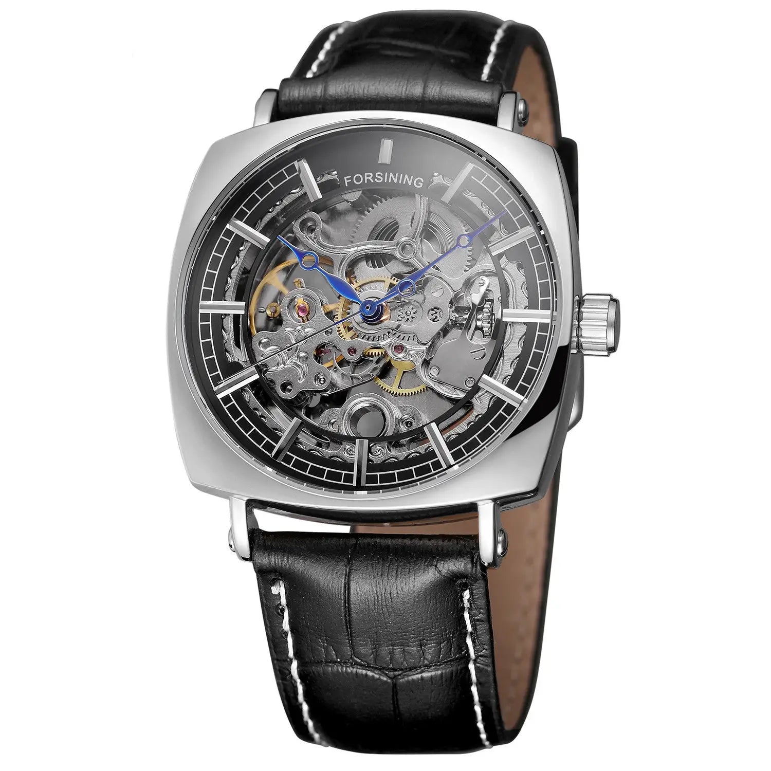 Forsining Black Genuine Leather Fashion Royal Luxury Gold Clock Transparent Skeleton Men Automatic Mechanical Watches