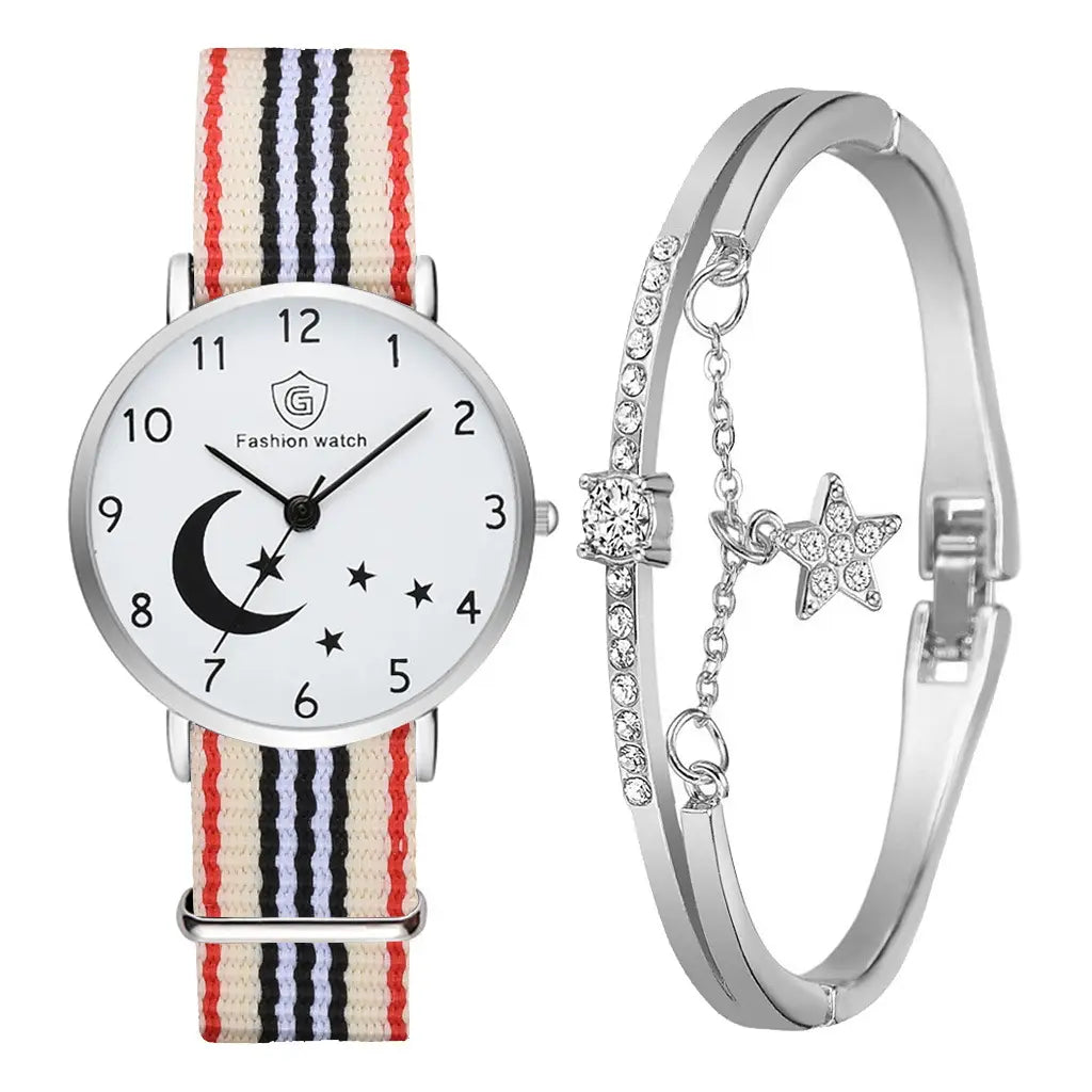 Fashion Watch For Women Bracelet Set Casual Canvas Strap Ladies Watches Moon Stars Pattern Quartz Wristwatches Female