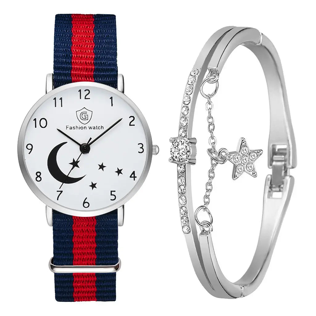 Fashion Watch For Women Bracelet Set Casual Canvas Strap Ladies Watches Moon Stars Pattern Quartz Wristwatches Female