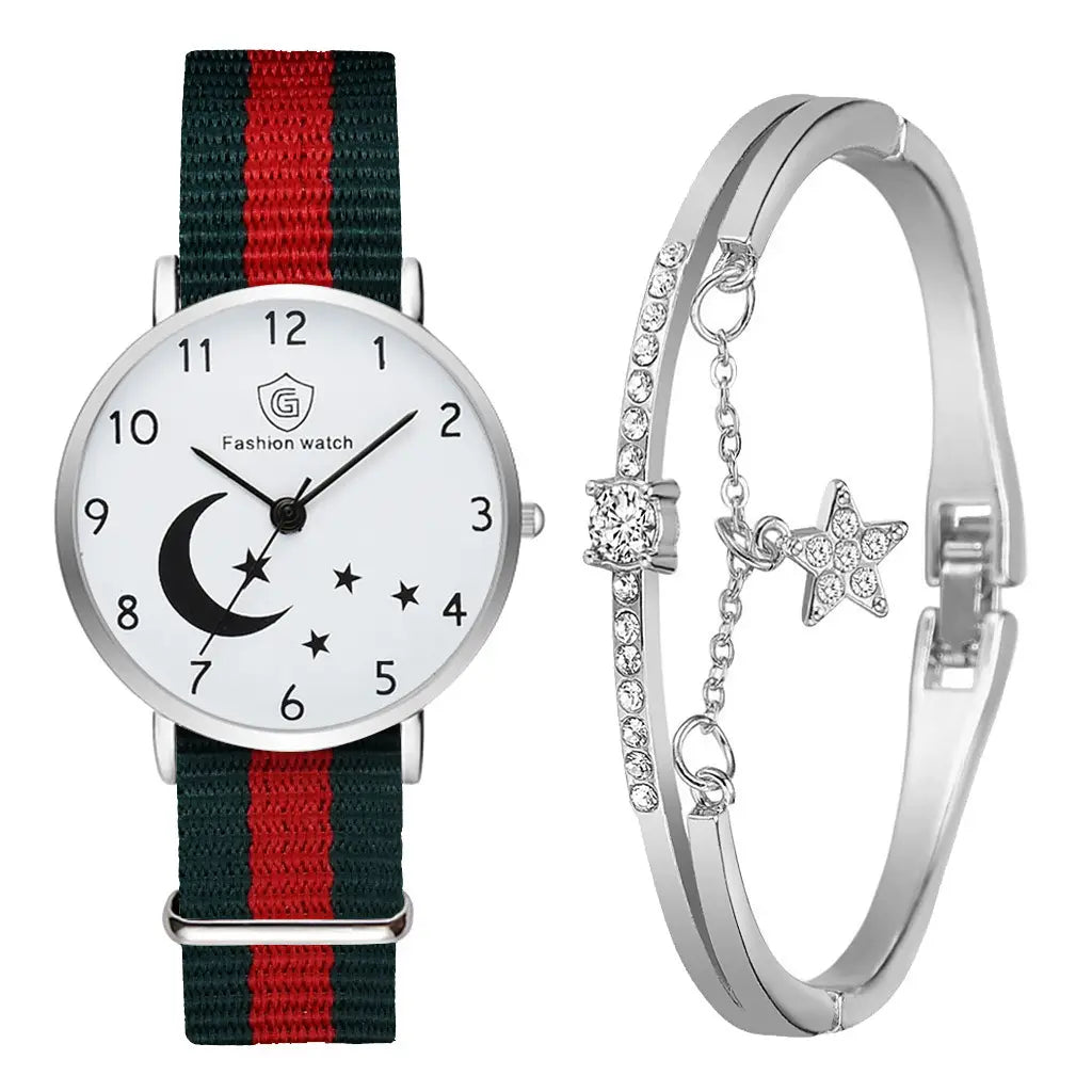 Fashion Watch For Women Bracelet Set Casual Canvas Strap Ladies Watches Moon Stars Pattern Quartz Wristwatches Female