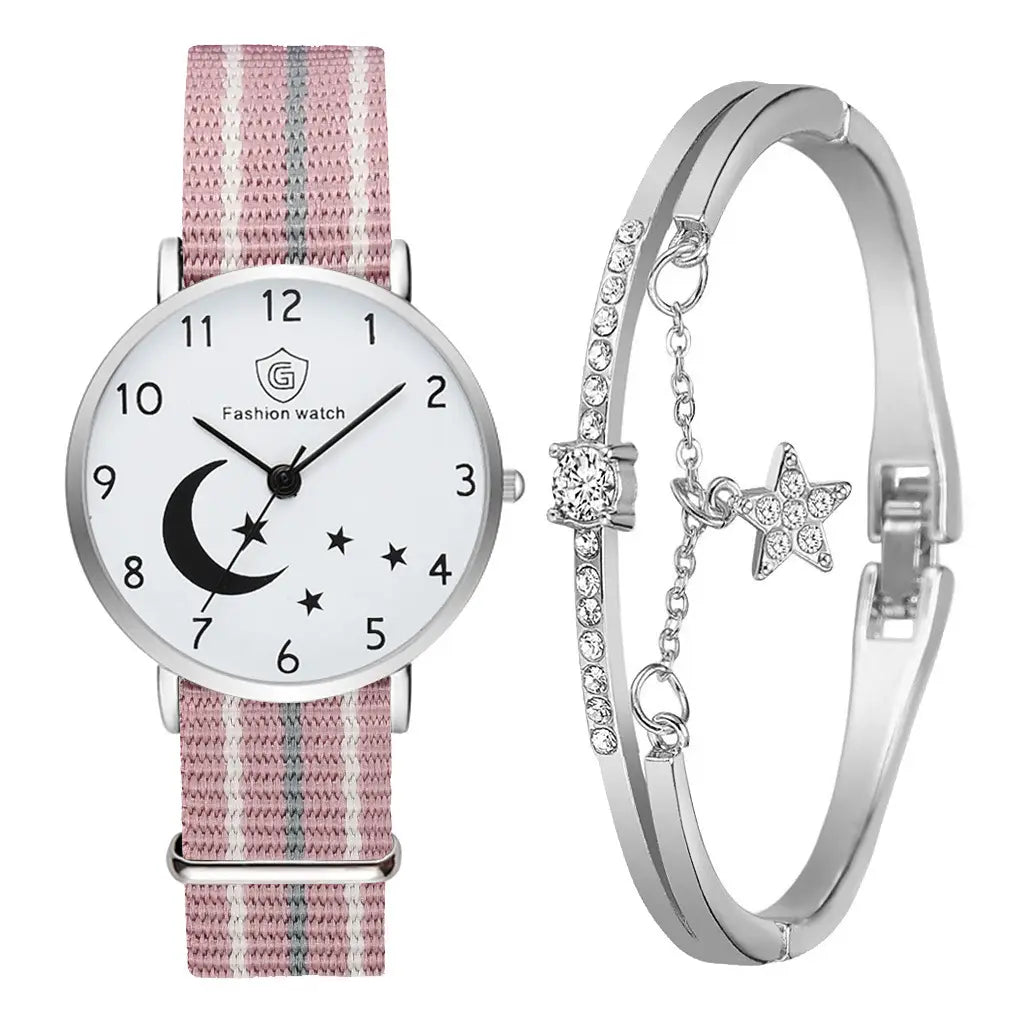 Fashion Watch For Women Bracelet Set Casual Canvas Strap Ladies Watches Moon Stars Pattern Quartz Wristwatches Female